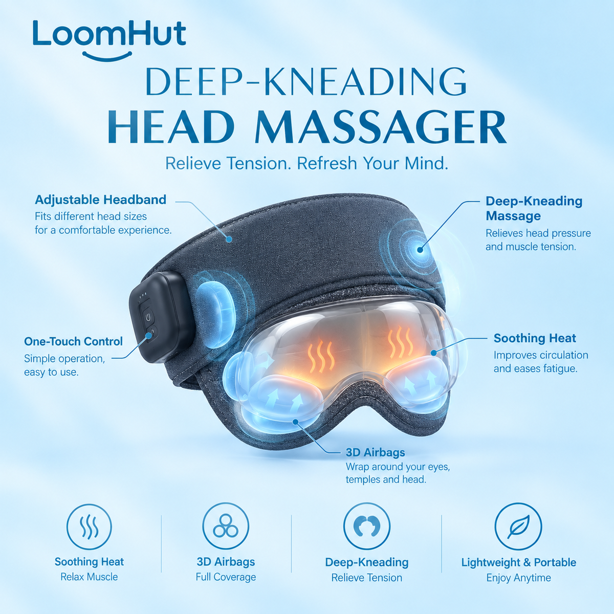 LoomHut All-in-One Head & Eye Massager | Heated Temple Relief + Multi-Zone Airbags